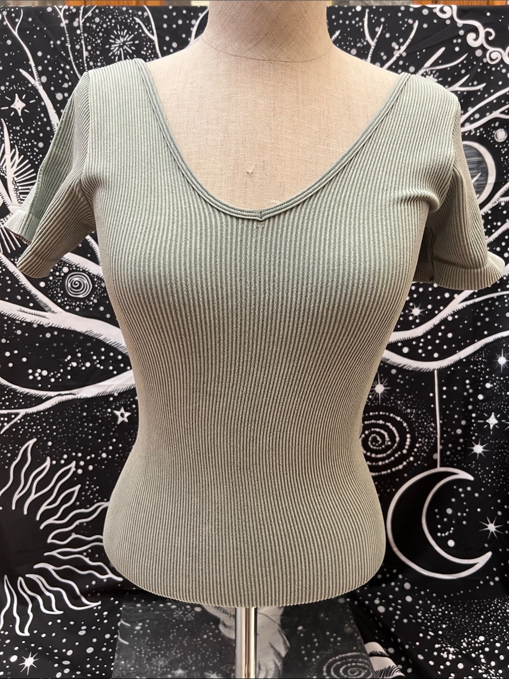 Yelete Ribbed V-Neck or Scoop neck Short Sleeve Top in Sage